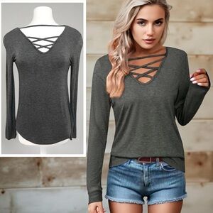 Women’s Gray Long Sleeve Criss Cross Neckline Shirt